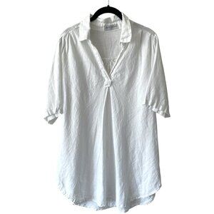Nikita Linen Pullover V-Neck Short Sleeve Curvy Hem Casual Blouse White Large